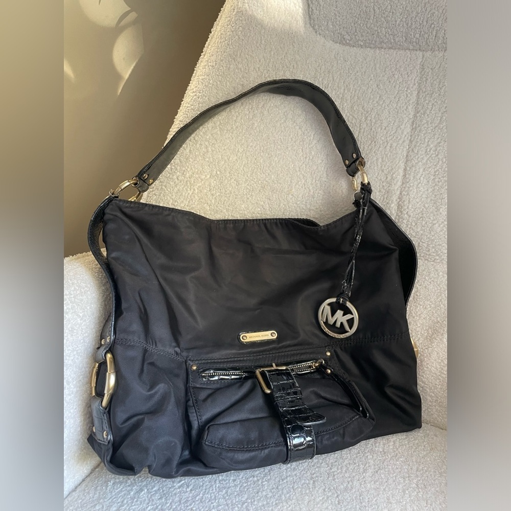 Michael Kors Black Nylon Shoulder hobo Bag with leather straps gold hardware